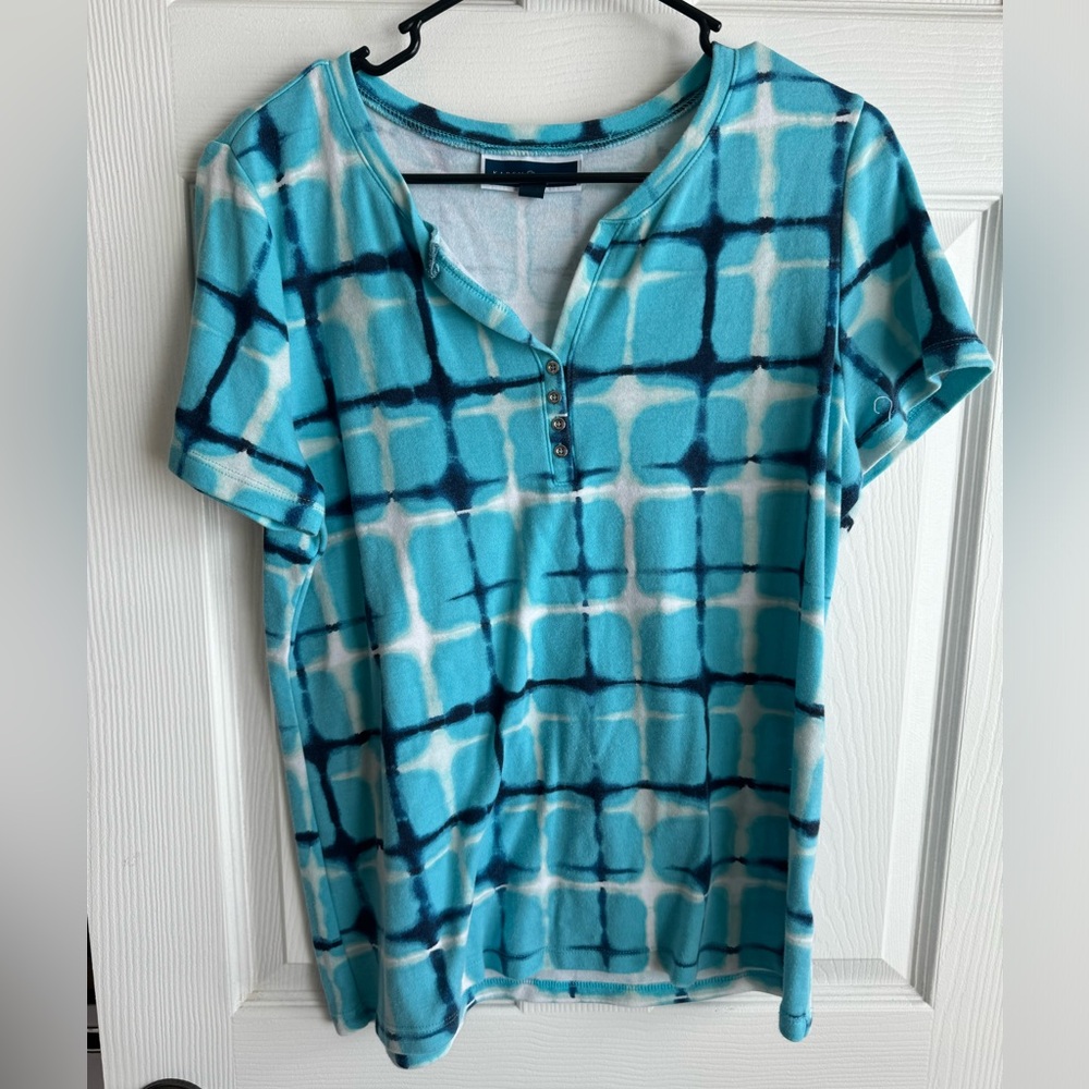 Karen Scott Turquoise and White Checkered Short Sleeve Top